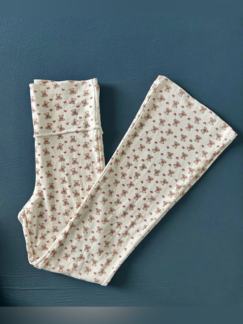 Teddy Bear Bow Print Rib Knit Foldover Flare Sleep Pants NWOT